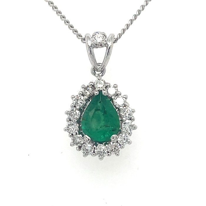 Halsband med hänge - 18 kt Vittguld Smaragd - Diamant 