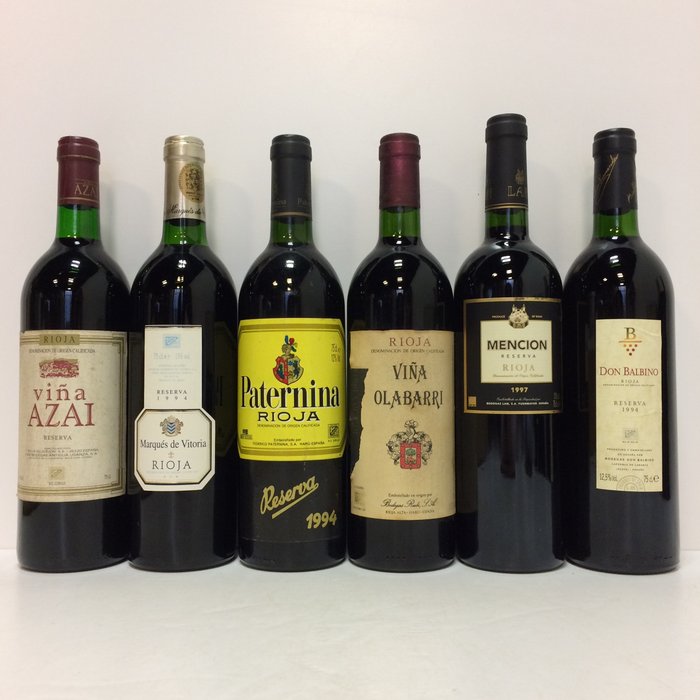 1988 Viña Izadi, 1991 Viña Olbarri, 1994 M. de Vitoria, 1994 Federico Paternina, 1994 Don Balbino & 1997 - Rioja Reserva - 6 Bottiglie (0,75 L)