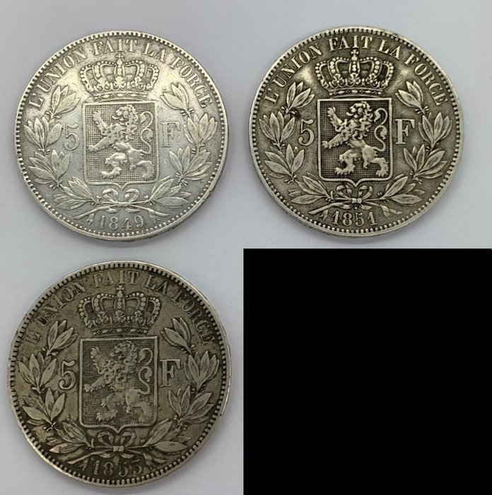 Belgium. Leopold I (1831-1865). 5 Francs 1849/1851/1853 (3 coins)