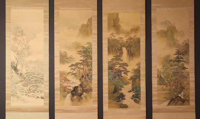 Very fine landscape set "Four seasons", signed - including tomobako - Nanao Eiho (1885-1962) - Giappone