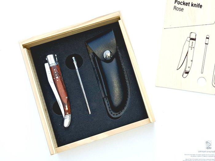 Laguiole - Luxury Pocket Knife, Sharpener & Leather Cover - Rose Wood - Lommekniv (3)