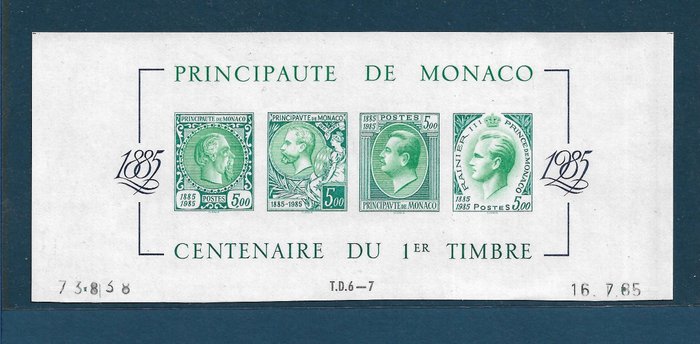 Monaco 1985 - RITKA zöld színben, lapszámmal, géppel és dátumozott sarokkal. Néhány példány nyomtatása. - Yvert et Tellier. bloc N°33b**