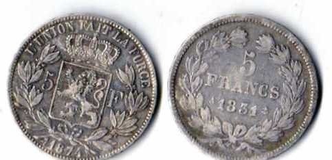 Belgium. 5 Francs 1831/1874 (lotto 2 monete)