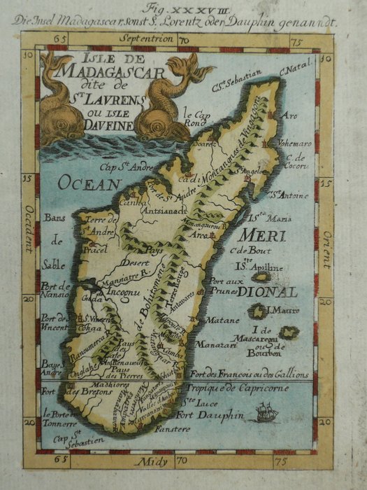 África, Mapa - Madagascar; A.M. Mallet - Isle de Madagascar dite de St. Laurens ou Isle Daufine - 1681-1700