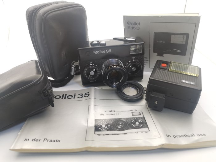 Rollei Rollei  35 Schwarz 35 mm Filmkamera Tessar 3.5/40+Rollei 100XLC Blitz Analoge Kompaktkamera