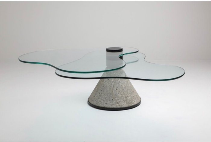 Coffee table - Glass, Stone (mineral stone), conical base and two rotating organic glass plates on top.