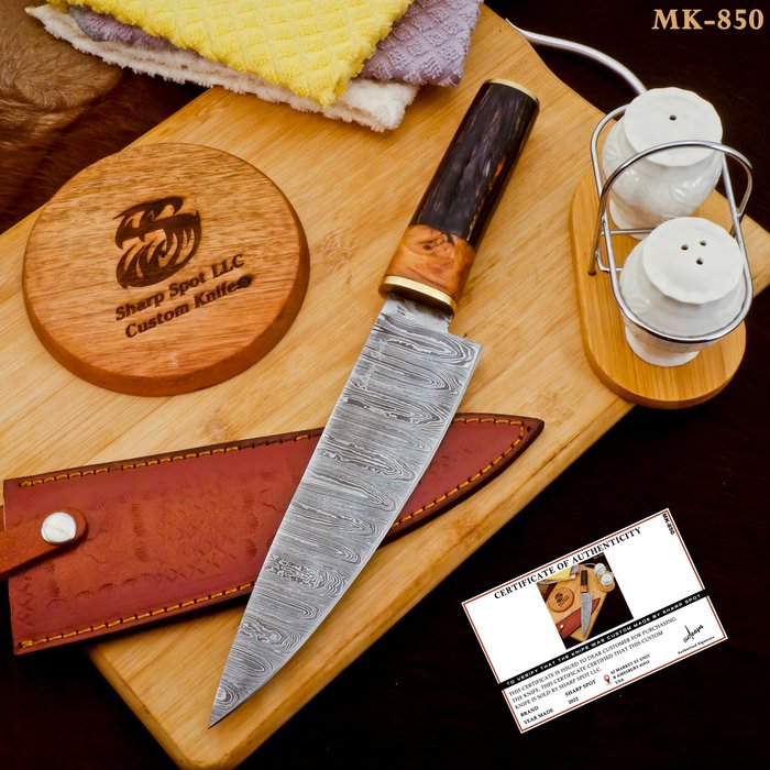 Sharp Spot - Cuchillo de cocina -  MK-850 - Pakka&Madera natural, Latón, Acero forjado 1095, Acero - EE.UU