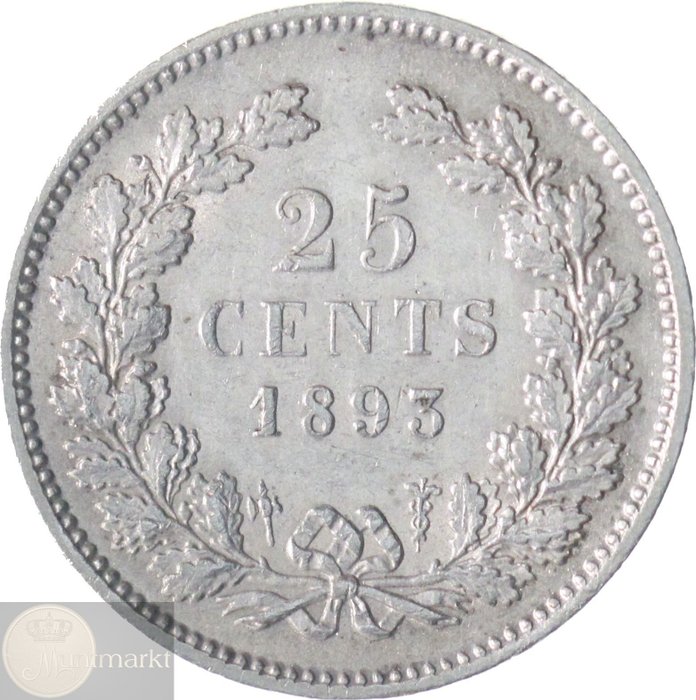 Paesi Bassi. Wilhelmina. 25 cent 1893