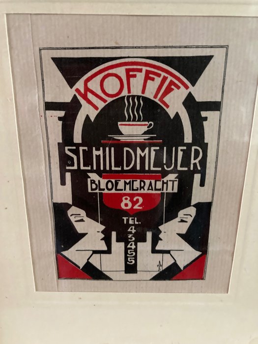 Sublime Artdeco design, with monogram  C. P. B. H. - Original Art deco Schildmeijer Koffie picture Bloemgracht 82 Amsterdam 1925 - década de 1920