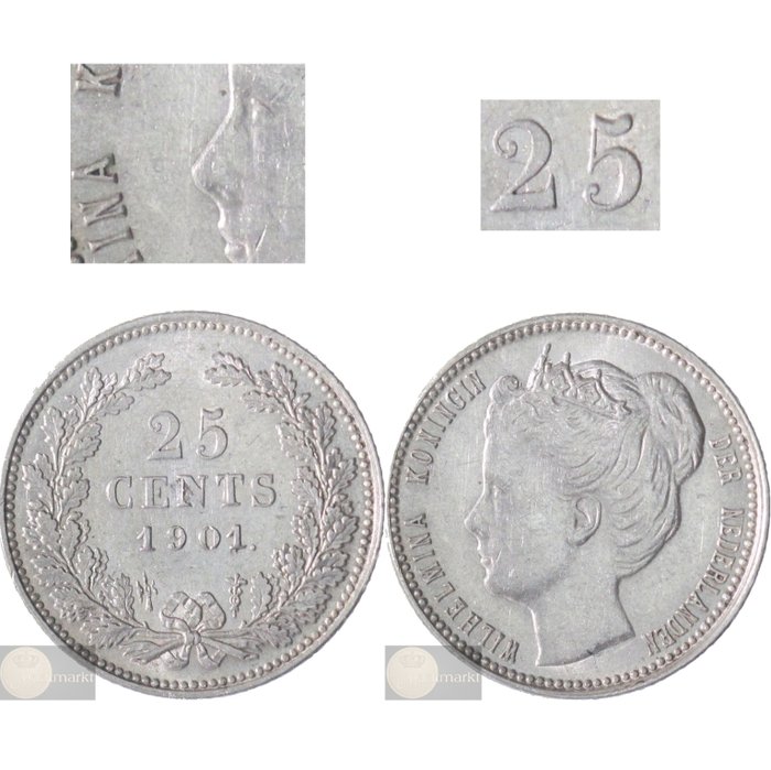 Niederlande. Wilhelmina. 25 cent 1901 "Brede hals of knobbed 5" ZELDZAAM