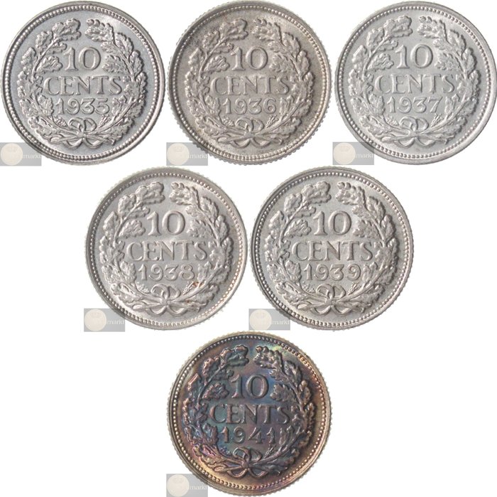 Niederlande. Wilhelmina. 10 cent 1935, 1936, 1937, 1938, 1939 & 1941