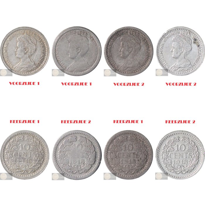 Niederlande. Wilhelmina. 10 cent 1918 (alle 4 de varianten)