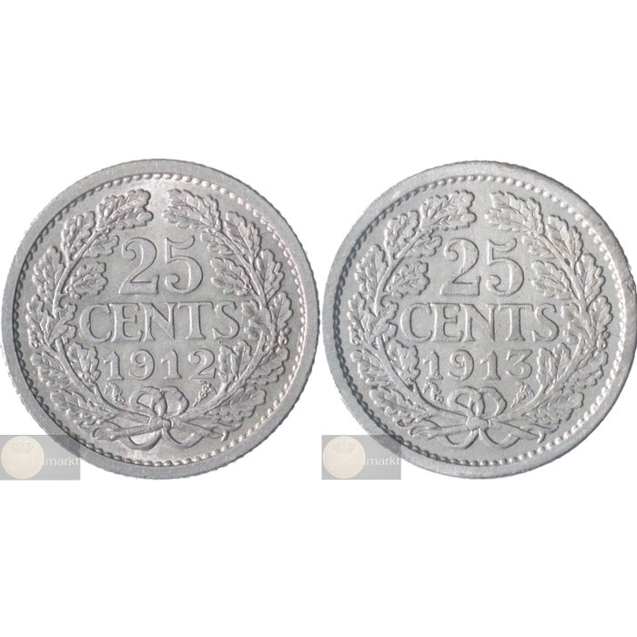 Paesi Bassi. Wilhelmina. 25 cent 1912 & 1913