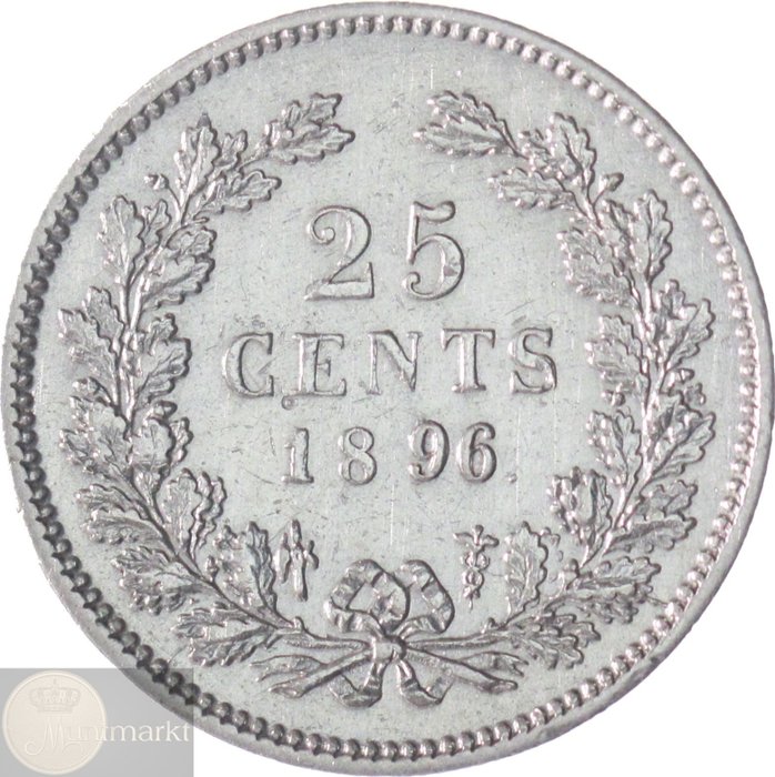 Nederland. Wilhelmina. 25 cent 1896 SCHAARS