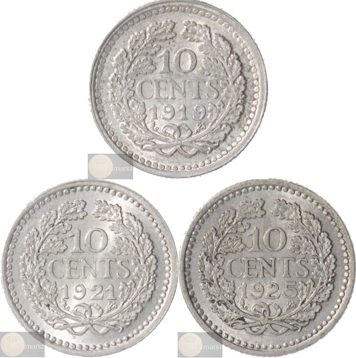 Niederlande. Wilhelmina. 10 cent 1919, 1921 & 1925
