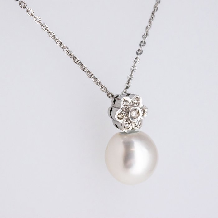 Ciondolo - 18 carati Oro bianco Diamante  (Naturale) - Perla