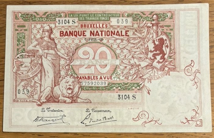 Belgio. - 20 Francs 1919 - Pick 67