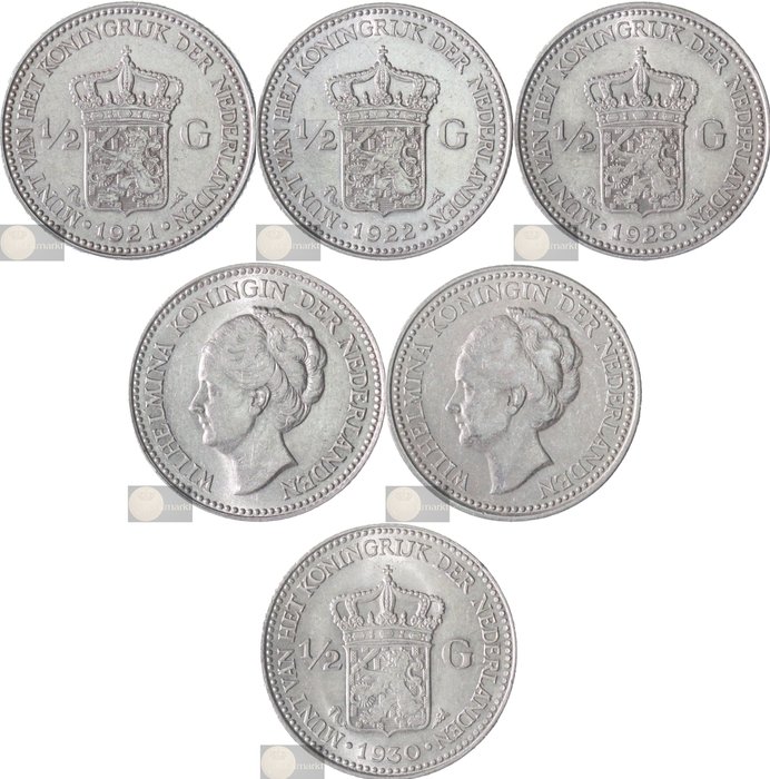 Nederland. Wilhelmina. ½ gulden 1921, 1922, 1928, 1929 (beide, dus incl. parelvariant) & 1930 