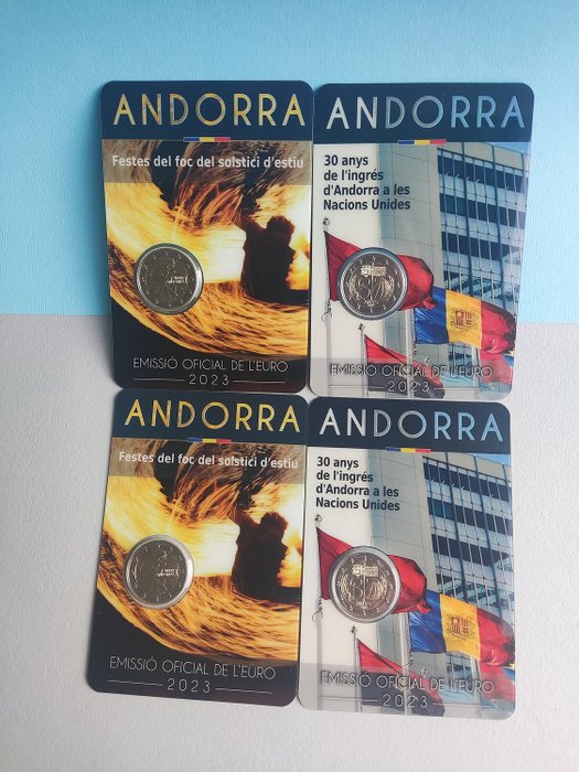 Andorra. 2 Euro 2023 "30° ONU" + "Festa Solstizio d'estate" (4 coincards)