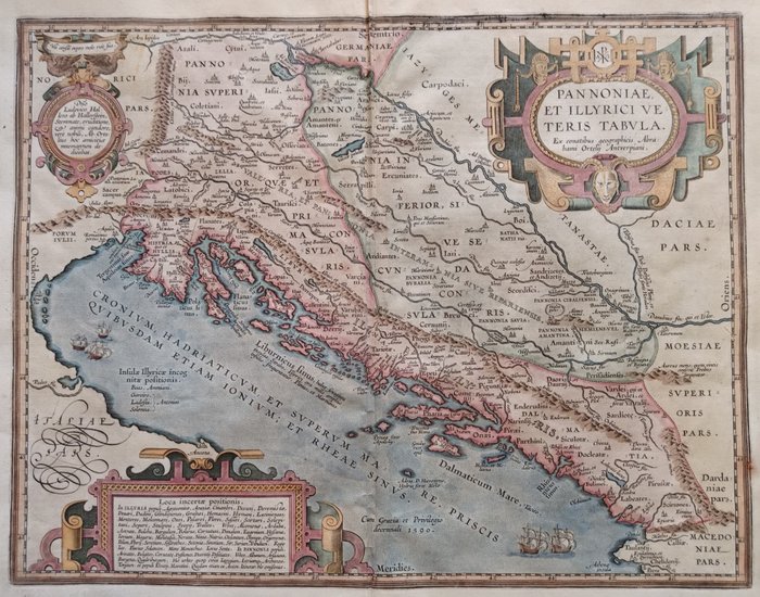 Europa, Mappa - Croazia, Slovenia, Montenegro, Bosnia ed Erzegovina, Serbia; A. Ortelius - Pannoniae et Illyrici Veteris Tabula - 1581-1600