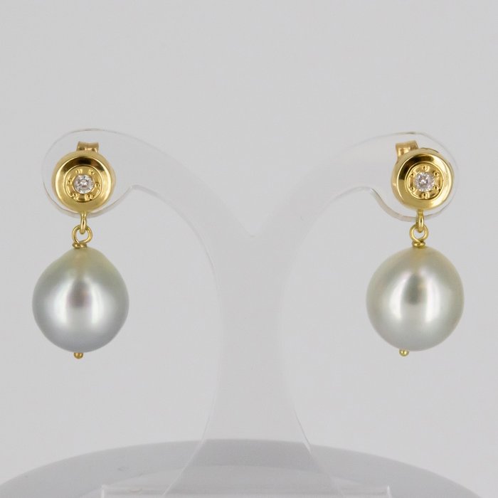 耳环 - 18K包金 黄金 钻石  (天然) - 珍珠 
