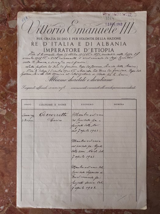 Itália - Documento - Autografo Vittorio Emanuele III ed Ammiraglio Riccardi, Nomine Ammiragli - 1943