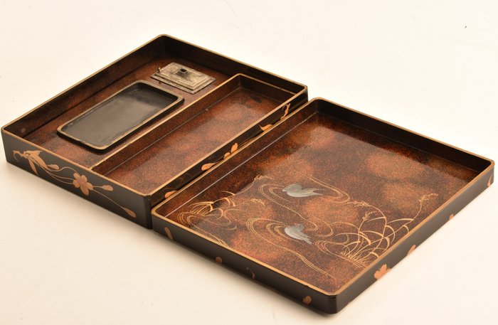 Antique Suzuribako硯箱(writing box) with nashiji lacquer and maki-e design - Scatola (1) - Suzuribako硯箱(writing box) - Argento, Legno, Oro, Rame