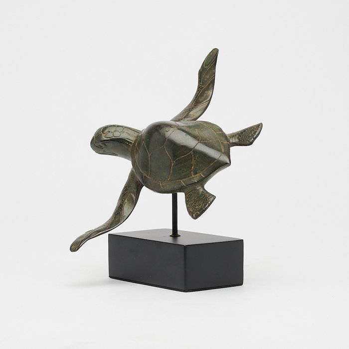 Veistos, NO RESERVE PRICE - Statue of a Bronze Patinated Turtle on a Stand - 17 cm - Pronssi
