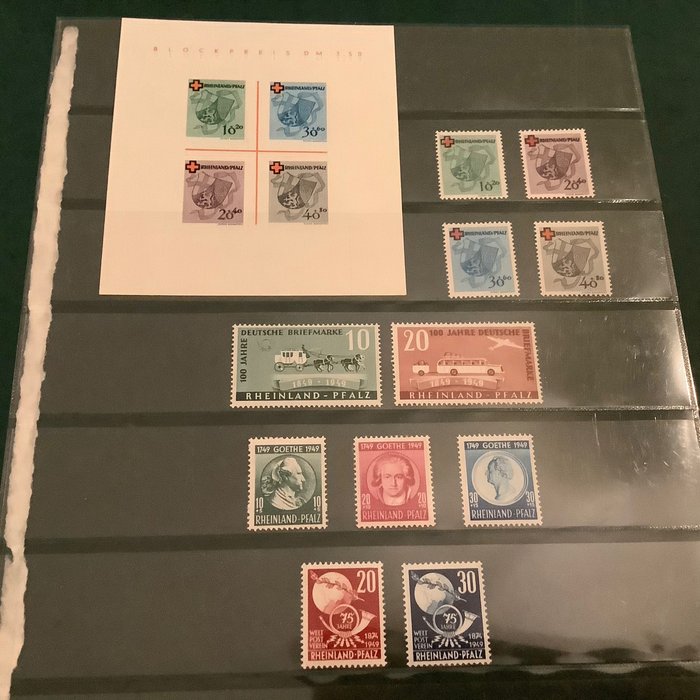 莱茵兰 - 普法尔茨 - 法国区 1949 - 带红十字会块和邮票的完整卷 - Michel 42/52 en blok 1