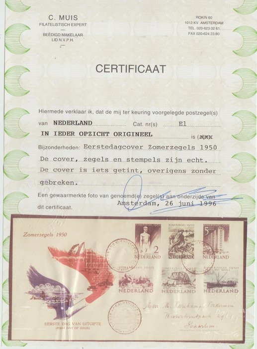 Nederland 1950 – FDC Zomerzegels – NVPH E1