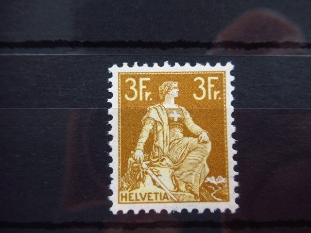 Svizzera 1907/1917 - Firmato Roumet, nuovo senza cerniera, 3Frs giallo bistro - Yvert n°127