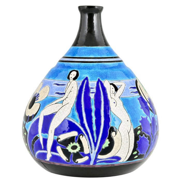 Longwy - Art Deco Primavera 1925 - Vaso -  Baigneuses, Bagnanti  - Ceramica