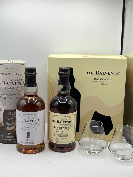Balvenie - 12yo American Oak & 12yo DoubleWood with glasses - Original bottling  - 70 cl - 2 bottles
