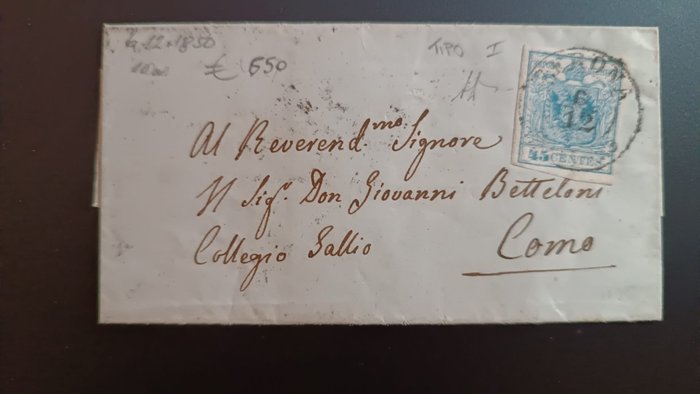 Italiaanse oude staten - Lombardije Venetië 1850 - 45c Ik typ een brief van Verona naar Como - Sassone N. 10