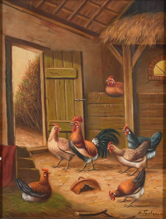 Hermanus van Tankeren (1800-1890) - Hens and a rooster in the barn