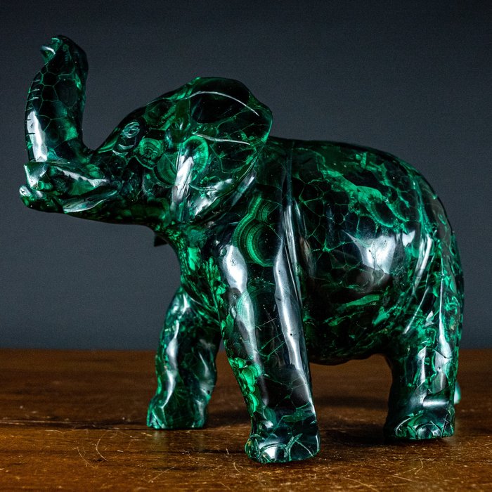 Foarte Decorativ A + Cristale Vechi Malachit Elefant Sculptură 16298,4 ct- 3259.68 g