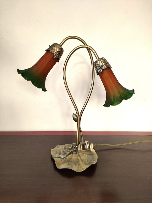Boudet - Lamp - Style Art-Nouveau - Nénuphar et fleurs - Deux feux - Patinated brass, glass paste