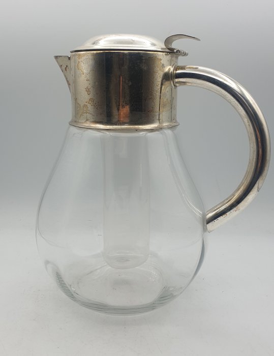 Verrerie d'Art - Broc avec compartiment rafraichisseur - Karaf (1) - Glas/zilver metaal