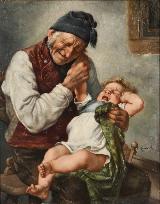 Franz Knirsch (1863-1939) - Old man trying to soothe a crying baby