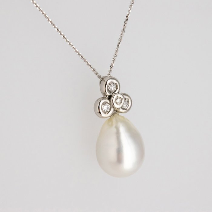Colier cu pandantiv - 18 ct. Aur alb Diamant  (Natural) - Perlă 