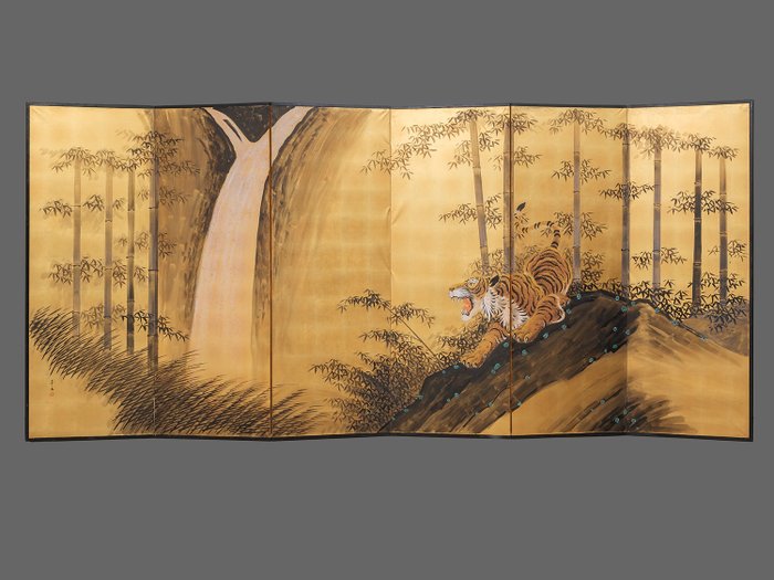 Byōbu-Faltschirm - Holz, Papier, Goldene Seide auf Papier, Farbe - Japan