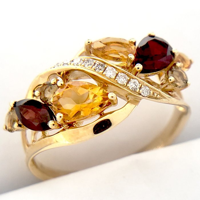 14 克拉 黃金 - 戒指 - 黃水晶、石榴石、白蘭地石英、鑽石