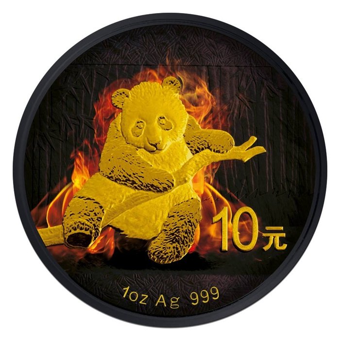 China. 10 Yuan 2014 Burning Panda - Black Ruthenium 24k Gold Gilded, 1 Oz (.999)  (Ohne Mindestpreis)