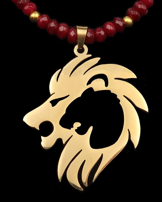 紅寶石 - Charisma 項鍊 - 圖騰動物 - 獅子和母獅 - 領導和權威 - 14K GF 金扣 - 頸鏈