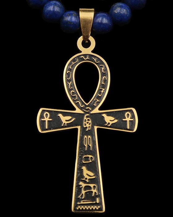 青金石 - 项链 - 埃及十字生命十字章 - 保护和不朽 - 14K GF 金扣 - 项链