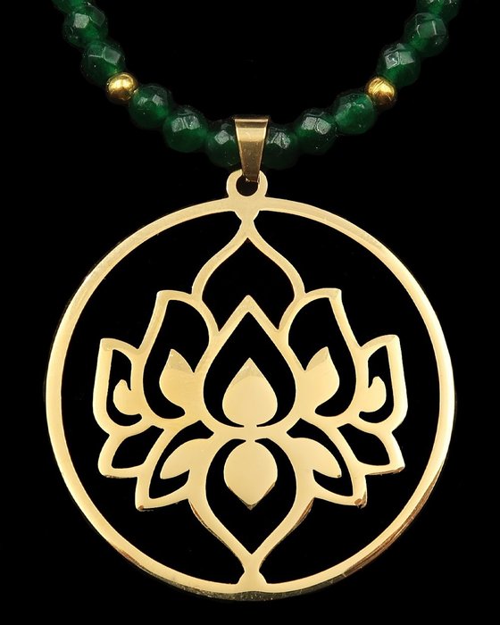 祖母绿 - 佛教项链 - 莲花 - 带来充实和放大能量 - 14K 金 GF 扣环 - 项链
