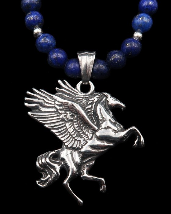 Lapid Iazuli - Colier magic - Pegasus, calul înaripat - Libertate și spirit liber - încuietoare și perle din argint - Colier