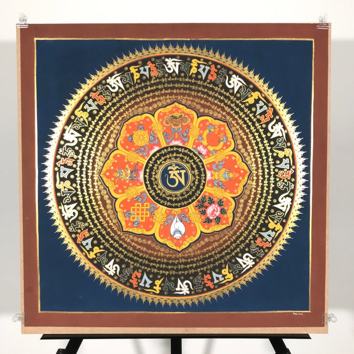 绘画, 西藏曼陀罗咒 - 唵和 8 个吉祥符号 - 手绘风水唐卡