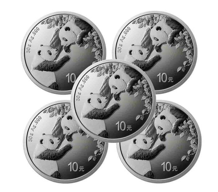 Kina. 10 Yuan 2023 Chinese Silver Panda Coin in capsule, 5 x 30g