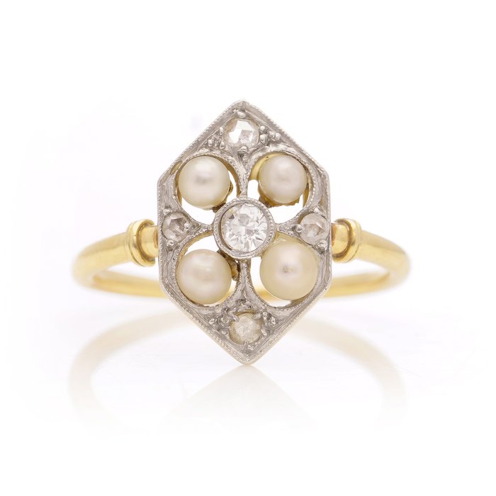 Antique Edwardian Hexagon shaped - 18 carati Oro giallo, Platino - Anello Diamante - Perle